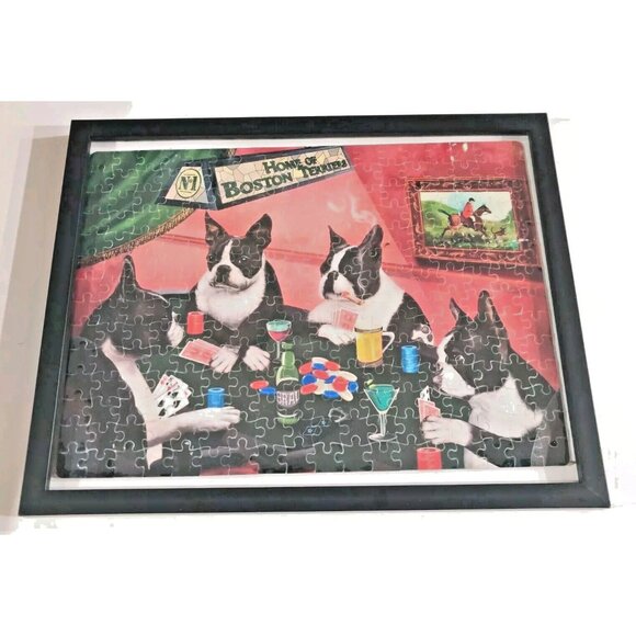 Home of Boston Terriers - Four Dogs Doggie Playing Poker Framed Puzzle 12x15" - Picture 1 of 9